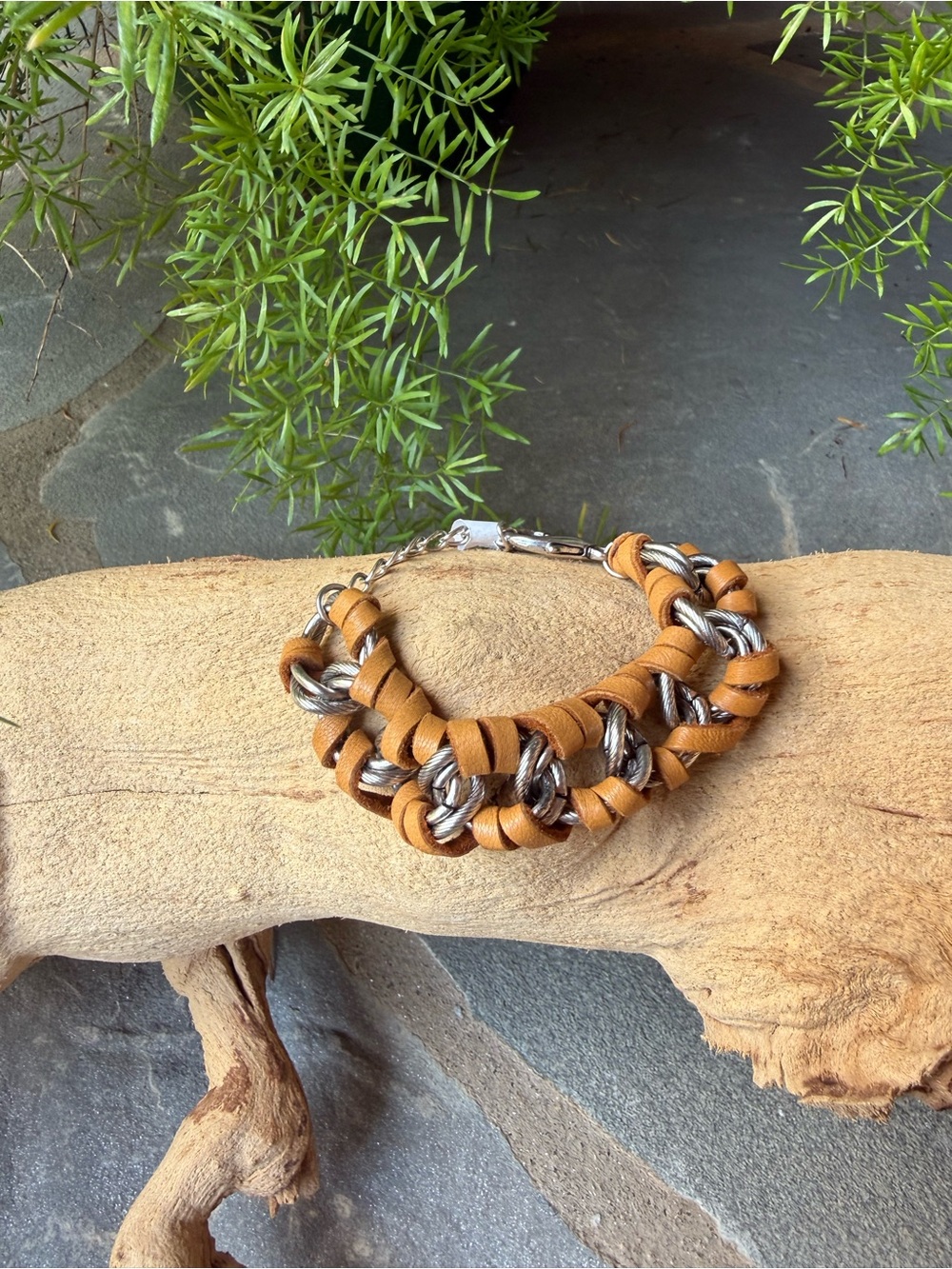New🌟Free People-Braided Leather and Silver Chain Bracelet - Tan